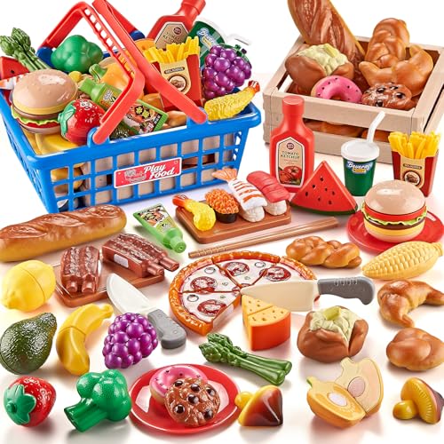 Spiellebensmittel-Set für die Kinderküche, Internationale Küche mit Schneidespielzeug-Lebensmitteln wie Pizza, Sushi und Gebäck, inklusive 2 Körben, Jungen und Mädchen.