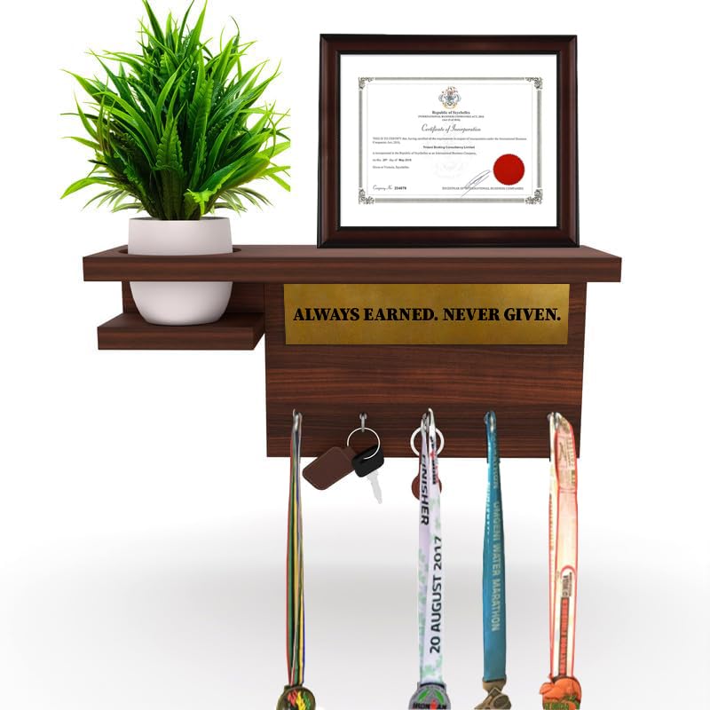 Always Earned. Never Given. Handcrafted Wooden Decorative Medal & Trophy Display Rack with Flower Vase Shelf Wall Mounted Holder for Home & Office | Marathon, Sports, Fitness-image-2