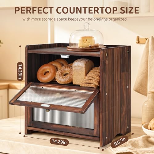 Wooden-Bread-Box-with-Acrylic-Window-for-Kitchen-Countertop-Natural-Pine-Wood-2-Layer-Large-Capacity-Vintage-Farmhouse-Kitchen-Countertop-Organizer-Raised-Top-Edge-and-Curved-Bottom