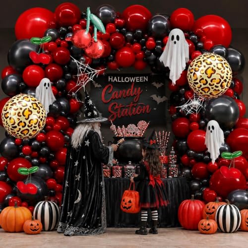 Image of Red Black Balloon Arch Kit Double Stuffed Burgundy Black Maroon Balloon Garland Cherry Cheetah Print Balloons for Birthday Bridal Baby Shower Bachelorette Graduation Halloween Party Decorations