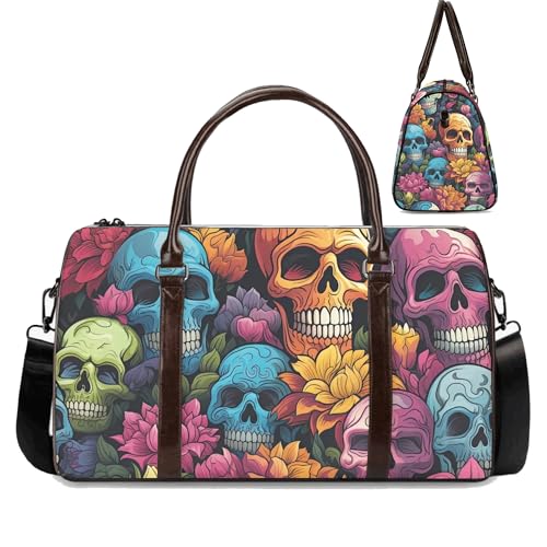 Colorful Skull Duffel Bag in Gothic Streetwear Style, Waterproof Canvas Weekender with Adjustable Shoulder Strap, Spacious Compartments (18 x 8.5 x 10 Inches)