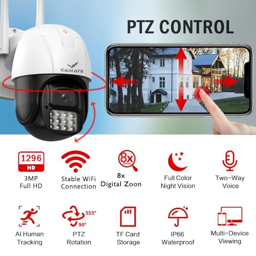 Camate Arc 3MP 2K 1296p Outdoor Smart WiFi Wireless CCTV Security Camera | Weatherprood | Colored Night Vision | 2-Way Audio | Motion Track | Support 256 GB Micro SD Card Slot | Onvif Support