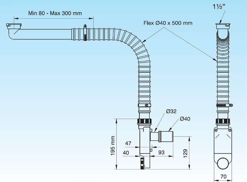 LIRA A.8274.53 Flex Raumspar Siphon 1,5' x DN40 | für Küchen Spülen | behindertengerecht