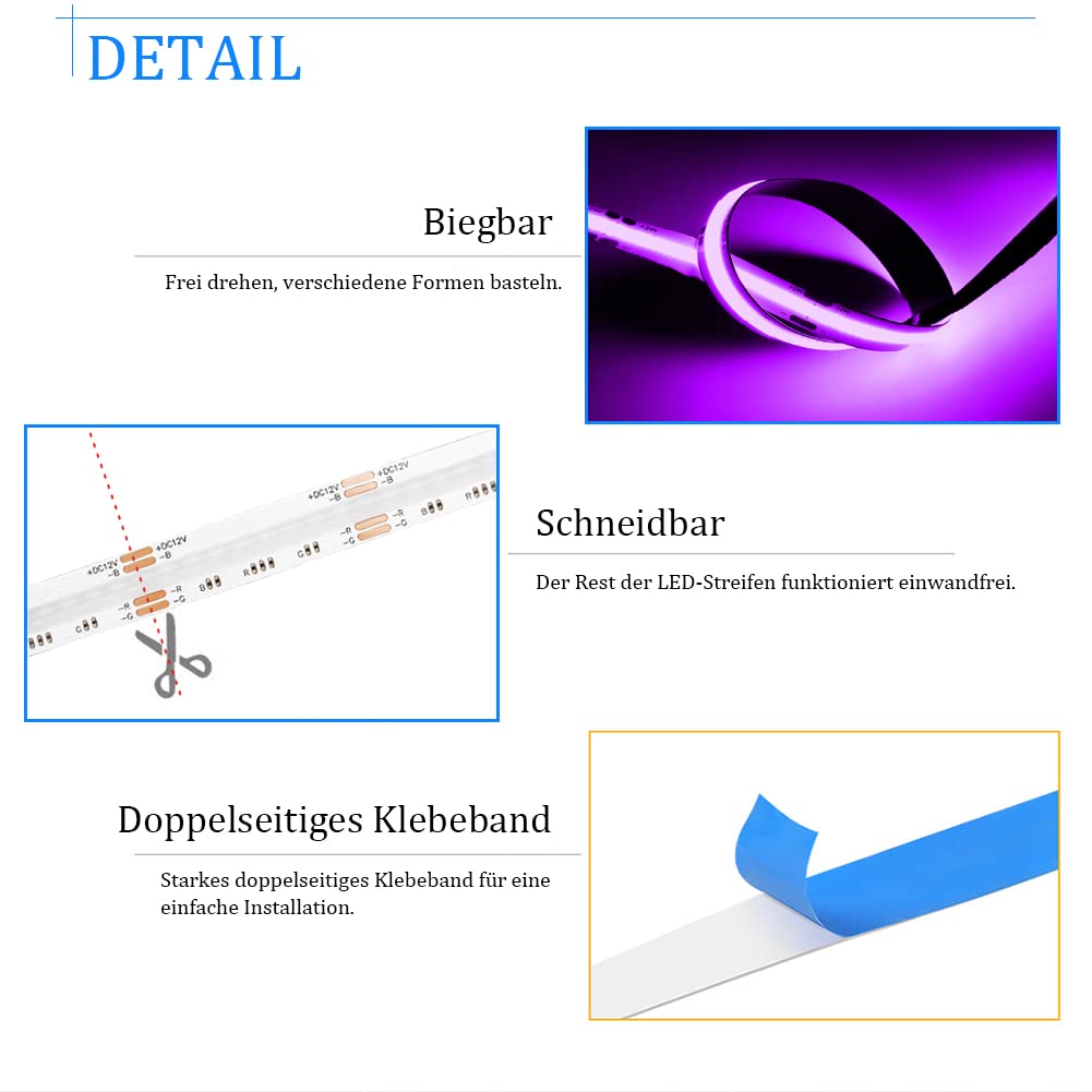 Striscia luminosa LED RGB 12 V WiFi Alexa 5 m, striscia RGB dimmerabile COB striscia luminosa LED 576 LED/M, controllo app, compatibile con Alexa Google Home