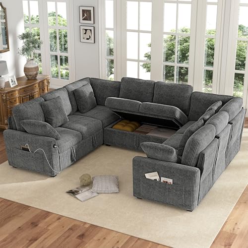 Image of Hanherry Sectional Sofa with Pull Out Couch Bed,8 Seat Corduroy Sleeper Sofa with 2 Seat Storage & USB Charging,Comfy Modular Couches for Living Room,Apartment