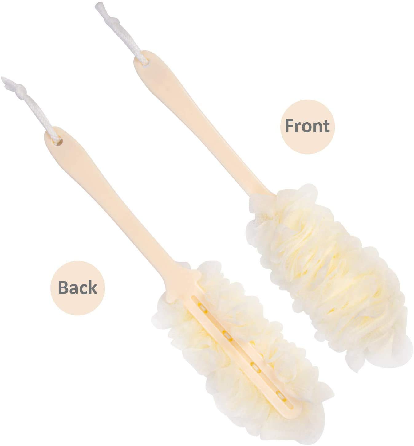 Lufa - Scrubber posteriore per doccia con manico lungo, spazzola per doccia in spugna da bagno, morbida rete di nylon, spazzola da bagno per donne e uomini, accessori da bagno (3 pezzi, bianco)