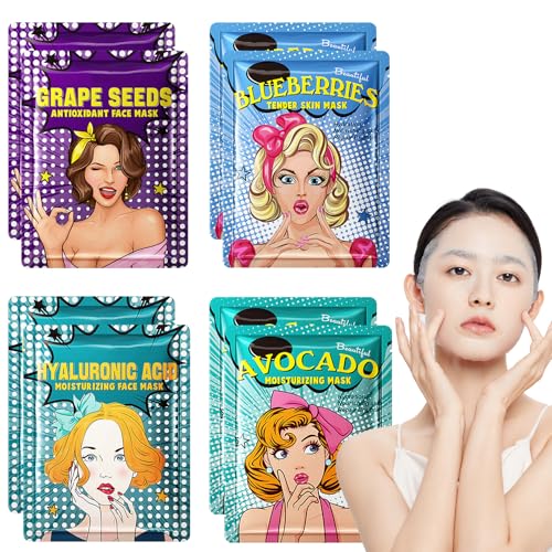 Gesichtsmasken Beauty Skincare Set, 8 Stück Blatt Fruchtmaske, Pflegende & Feuchtigkeitsspendende Maske, Beauty-Gesichtsmaske, Reduzieren Sie Feine Linien Gesichtspflegemaske