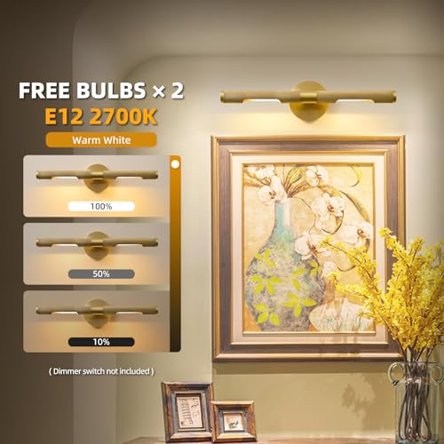 Image of Museum Gallery Bathroom Picture Light - 19 Inch Long Gold Brass Dimmable Hardwired Wall Sconces with E12 Bulb - Frame Pictures Art Deco Sconce Lights for Painting Photo Artwork Library Vanity Over