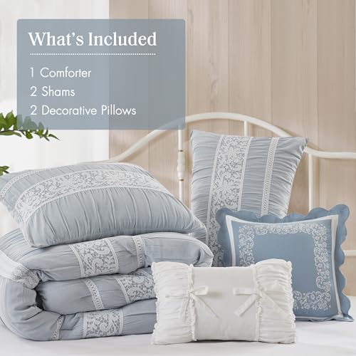 Image of Madison Park 5-Piece Farmhouse Comforter Set with Ruching & Lace Trim, Soft Chambray Bedding, Includes Comforter and 2 Decorative Pillows, Queen, Blue