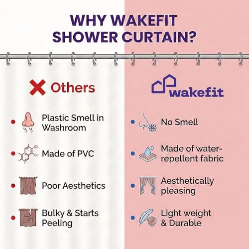 Image of Wakefit Shower Curtain 6 Feet | 14 Free Hooks | No Plastic Smell | Waterproof Bathroom Curtain | Curtain for Balcony | Machine Washable | Off-White Stripes | Height 6ft & Width 6ft | Very Premium