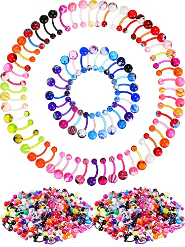 Junkin 200 Pcs Belly Button Rings Bulk Colorful Belly Rings Button Banana Navel Barbell Acrylic Body Piercing Jewelry for Women