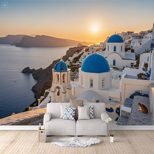 Papel Pintado 3D Ciudad De Oia 200x140 cm Fotomurales Tejido No Tejido, Papel Tapiz Grande Murales Fotográfico Moderno Decoración de Paredes