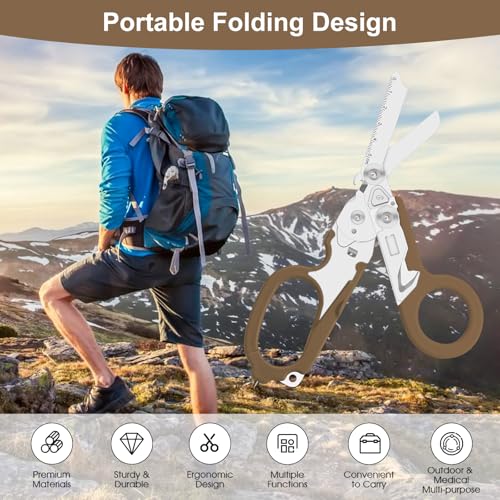 Image of Lemasa6 in 1 Multifunctional Combination Tool, Folding Retractable Emergency Shears, Outdoor Camping Tools, Seat Belt Cutter, Oxygen Cylinder Wrench, Complimentary Adjustable Wrench (Bean Sand Colour)