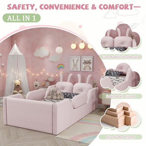 Image of Twin Size Kids Floor Bed Frame, Upholstered Montessori Platform Bed W /Removable Rails Cute Daybed Frame for Girls Boys, No Box Spring Required,Pink