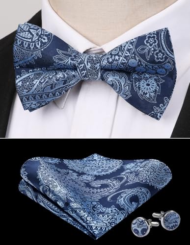 Image of HISDERN Bow Ties for Men Pretied Bow Tie Set Paisley Classic Bowties and Pocket Square Cufflinks Set for Wedding Party