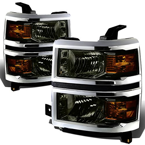 [Halogen Model] Factory Style Headlight Lamps Assembly Compatible with Chevy Silverado 1500 14-15, Driver and Passenger Side, Chrome Housing Amber Corner Smoked Lens