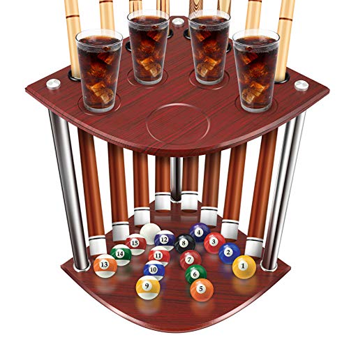 KKTECT (US in Stock) 8-Hole Pool Cue Rack, Floor-Standing Oak Billiard Cue Holder with Pool Ball Groove and Glass Groove for Pool Sticks/Pool Balls/Pool Table Accessories