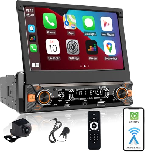 Alondy Autoradio 1 Din con Schermo (7' Retrattile Automatico) Compatibile con [Wireless] Apple CarPlay Android Auto Bluetooth AM/FM/RDS Radio USB (Type-C carica rapida 3A) AUX SD telecamera di backup