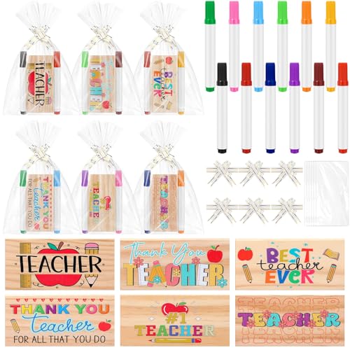 Soulchen 6 Sets Teacher Appreciation Gifts Set Thank You Wood Chalkboard Eraser with 12 Colors Markers and Bags The Best Teacher Inspirational Dry Erase Erasers for Graduation Office School Supplies