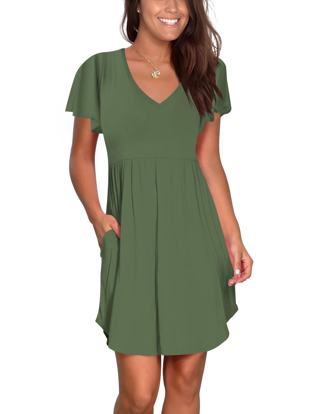 Atizon Casual Summer T Shirt Dress for Women V Neck Swing Elastic Tunic Short Sundress with Pockets