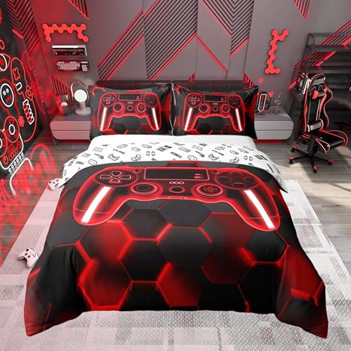 Loussiesd Gamer Parure de Lit Gaming Literie Set Enfants Garçons Filles Adolescents Chambre décor Rouge et Noir Console de Jeu Housse de Couette 140x200cm Gamepad...