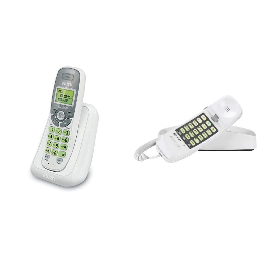 VTech CS6114 DECT 6.0 Cordless Phone with Caller ID/Call Waiting, White/Grey with 1 Handset & Advanced American Telephones 210WH AT&T 210M Basic Trimline Corded Phone, White