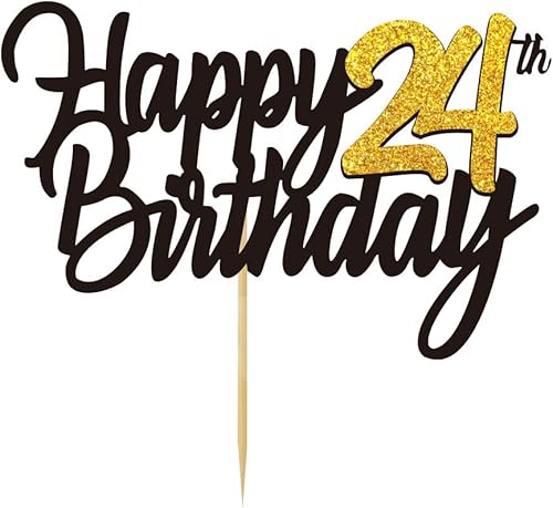 Decoración para tarta de cumpleaños número 24 con purpurina para 24 años, decoraciones de cumpleaños de 24 años, decoraciones doradas para tartas de