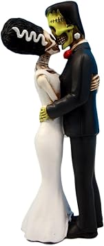 Ebros Day of The Dead Wedding True Love Kiss Skeleton Frankenstein Skull Bride and Groom Couple Figurine Graveyard Macabre Ossuary Halloween Spooky Home Decor Statue
