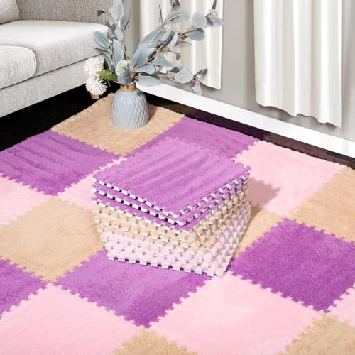 Image of 12 Pcs Plush Interlocking Carpet Tiles, Non-Toxic Foam Carpet Tiles for Toddler Baby, Anti-Slip, EVA Foam Interlocking Tiles for Floor, Nursery, Playroom, Purple, Light Brown, Pink