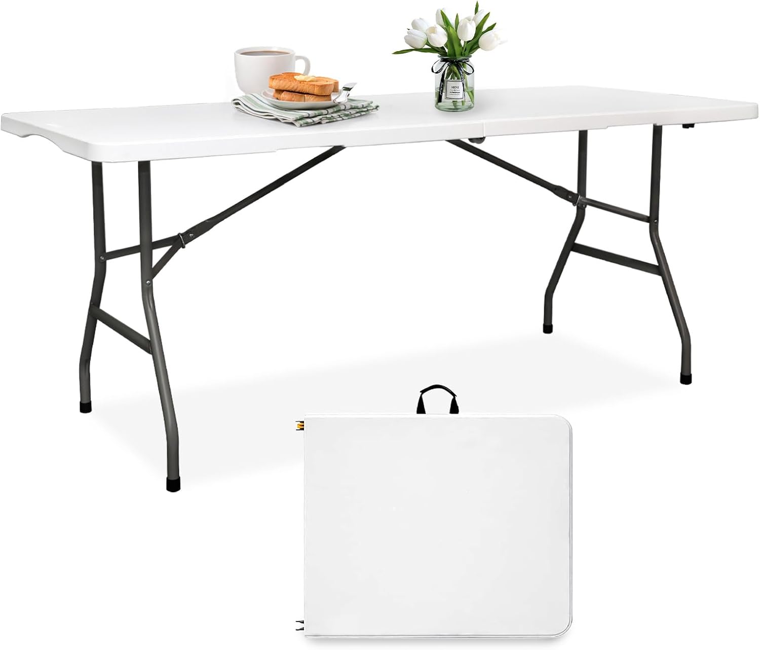 Folding Table 6FT HDPE 6 Foot Foldable Table Portable Banquet Surface Fold-in-Half Desk Utility for Working Meeting Parties