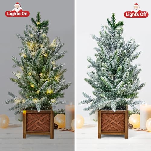 GarveeHome Small Christmas Tree with Lights, 24 Inch Prelit Artificial Mini Christmas Tree, Tabletop Snow Flocked Xmas Tree in Wood Pot for Table Centerpiece Office Dorm Desk Decorations