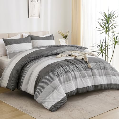 Litanika Dark Grey Comforter Set Super King Plus - 3 Pieces Lightweight Dark Grey Colorblock Stripe Fluffy Bedding Comforter Sets, All Season Bed Set