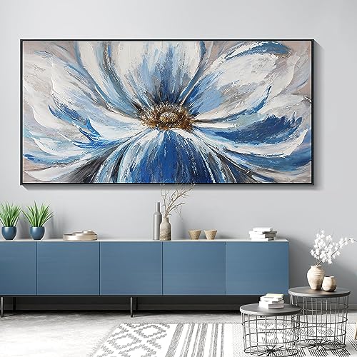 Image of Large Blue Wall Art Framed, Flower Botanical Wall Art for Living Room Bedroom, Modern Aesthetic Floral Picture Home Canvas Artwork, 29x58 Inch Black Frame Ready to Hang