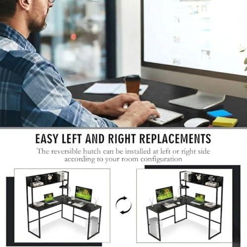 Image of Office Study Table Reversible L Shaped Corner Workstation Table for Home with Hutch Computer Desk with Storage Shelves & Bookshelf Black 140x50x150 CM