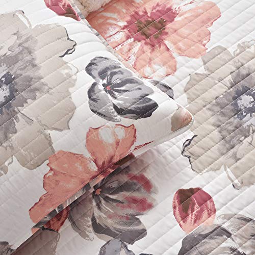 Image of Lush Decor Leah Reversible Floral Quilt Set, 3 Piece Set, King, Coral & Gray - Watercolor Botanical - Cottage Core - French Country Decor- Bedding Queen Size