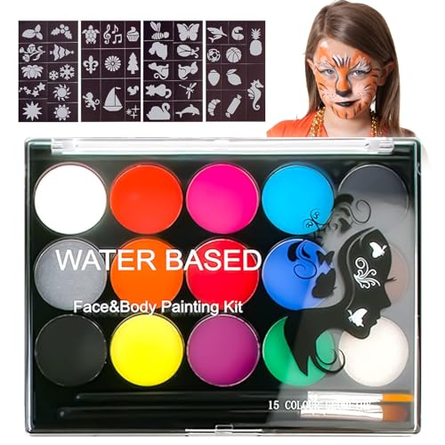 SUNZWO Kinderschminke Set – 15 Farben Gesichtsbemalung mit 2 Pinseln und 4 Schablonen, Ideal für Halloween, Geburtstage und Karneval – Face Paint Set für Kinder
