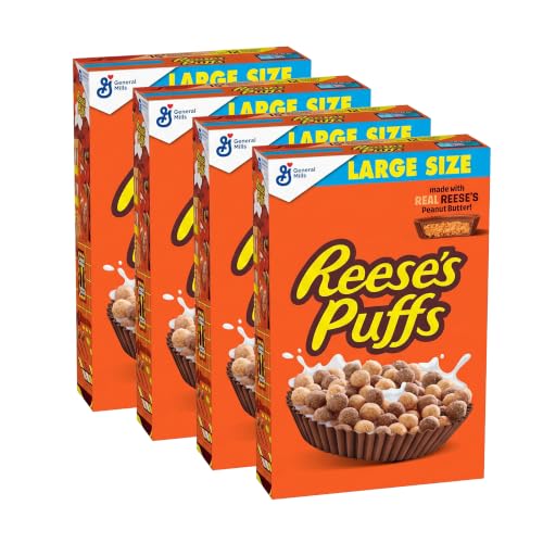 Reese's Puffs, Chocolatey Peanut Butter Cereal, 16.7 OZ Large Size Box (Pack of 4)