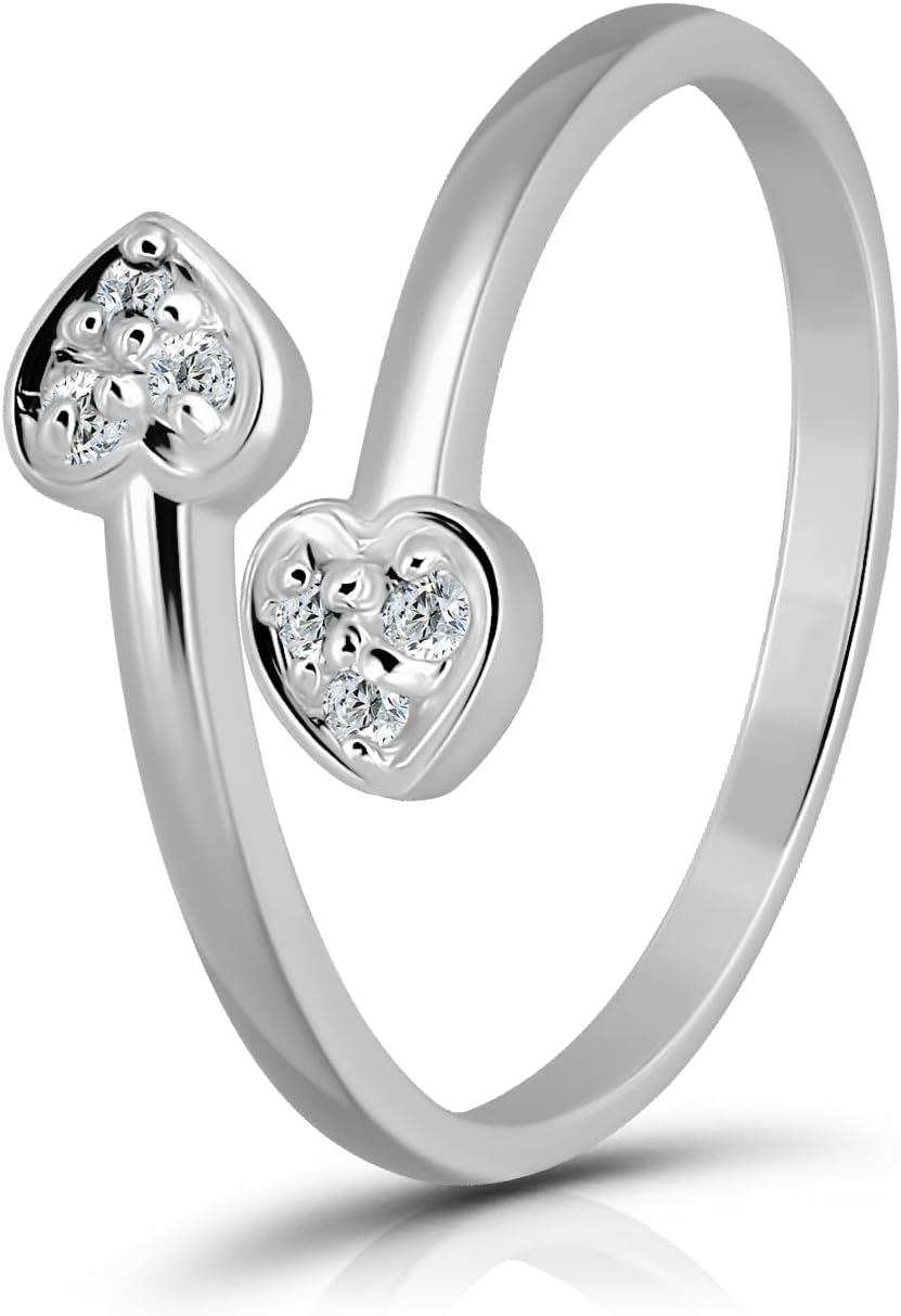 Hoops & Loops 925 Sterling Silver Double Heart Cubic Zirconia Open Toe Ring for Women Men