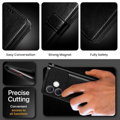 Image of WOW IMAGINE Shock Proof Flip Cover Back Case Cover for Oppo F33 Pro 5G (Flexible | Leather Finish | Card Pockets Wallet & Stand | Black)