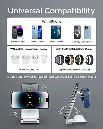 Image of 3 in 1 Foldable Zinc Alloy Wireless Charger[Compatible with Magsafe Charger],Magnetic Charging Station for iPhone 15 /14 /13 /12 Series,for AirPods,iWatch-White