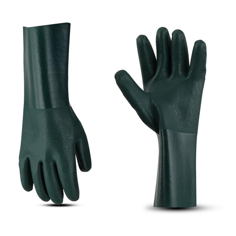 Glove Station Heavy Duty Double PVC Coated Industrial Chemical Resistant Rubber Gloves, Textured Finish