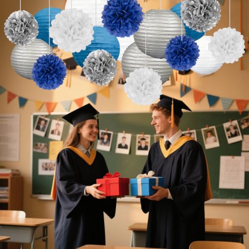 Image of 18 PCS Blue White Silver Paper Lanterns & Tissue Paper Pom Poms for Men's Birthday, Graduation 2026, Wedding, Hanging Paper Decor for Indoor Outdoor Events Theme Party Supplies