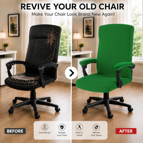 Image of Stretch Computer Office Chair Cover with Armrest Covers Durable Zipper Universal Washable Removable Spandex Rotating Boss Chair Slipcovers Anti-dust Soft Desk Chair Seat Protector (Green)
