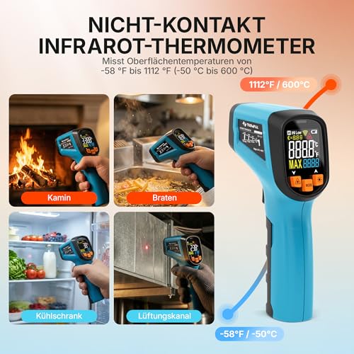 Tilswall Infrarot Thermometer(nicht für Menschen) -50°C bis 600°C IR Digital Laser Temperaturmessgerät für Kochen/Barbecue/Pizza Oven/Gefrierschrank/Industrie (Fleischthermometer inklusive)