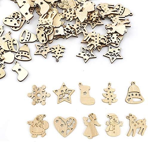 Skystuff 100Pcs Wooden Embellishments Wooden Christmas Decorations Christmas Wooden Craft for Tag Decoupage Embellishments, DIY Scrapbooking Card Making, Christmas Tree Hanging Ornaments