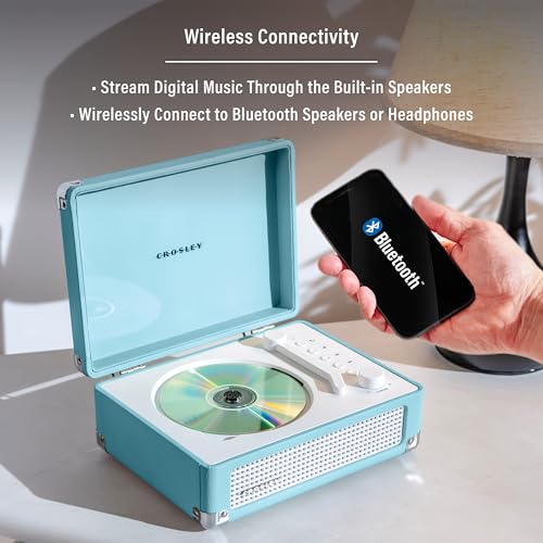 Image of Crosley CR3505A-TU Cruiser Retro Portable CD Player with Stereo Bluetooth Speakers and FM Radio, Turquoise