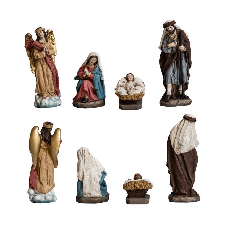Misterio Nacimiento de 11 Piezas Clasico con Reyes, Angel, Pastor y Animales de Resina Pintado a Mano 20 cm Alto