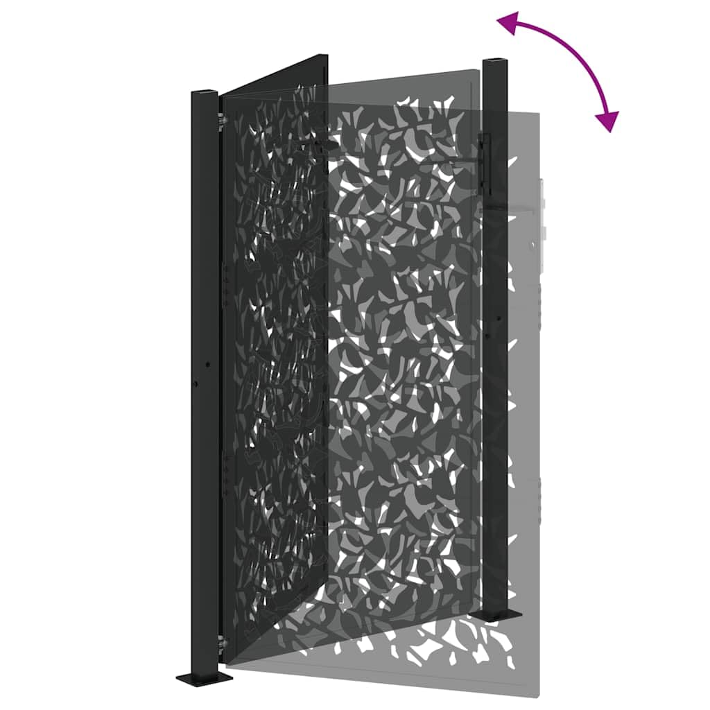 IKAYAA Puerta de Jardín 105x155 cm, Puerta para Valla con Sistema de Cerradura Acero Oxidado, diseño de Hojas Negro