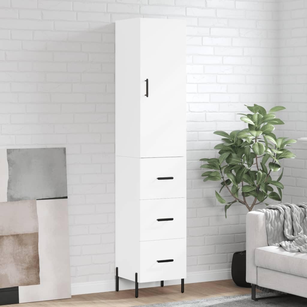 71-Inch White Tall Cabinet with Doors and Metal Legs | Measures 13.6x13.4x70.9 inches; engineered wood frame offers slim vertical storage for living rooms and hallways.