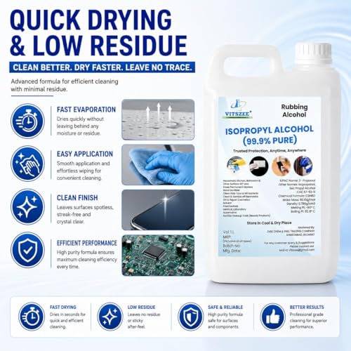Image of VITSZEE 99% Pure Isopropyl Alcohol (IPA) 1 Litre | High Purity Cleaning & Disinfecting Solution | Fast Evaporation | Residue Free | Electronics, PCB & Surface Cleaner